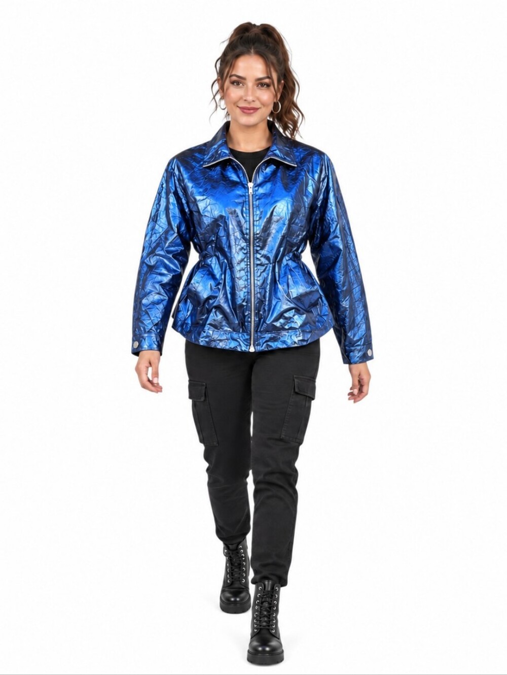 URBAN OUTFITTERS M Jesse Metallic Blue Vinyl Anorak Cinch Jacket NWT